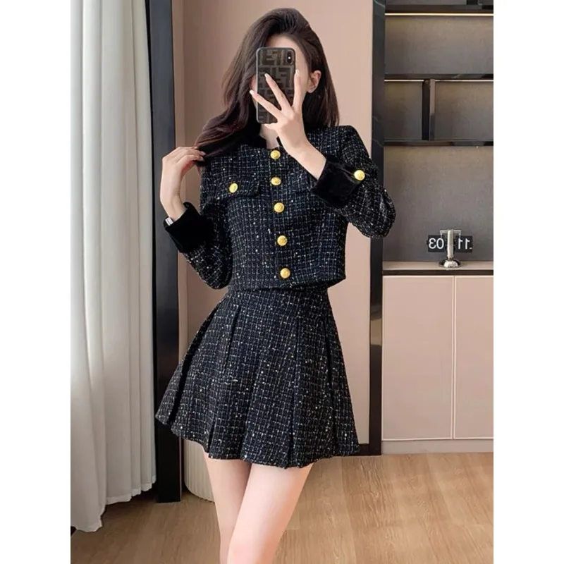 Insozkdg Mode Twee Stuks Herfst Sets Chique Lange Mouwen Standaard Jack Met Hoge Taille Plooien Rok Nieuw 2 Delige Sets Womens Outifits