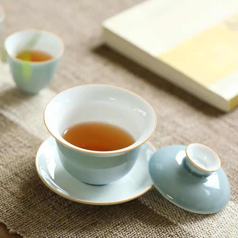 Color Glaze Light Blue White Porcelain Kung Fu Three Kinds Of Cover Bowl Large Tea Cup Ceramic Tea Set Tea Bowl To Tea Cup