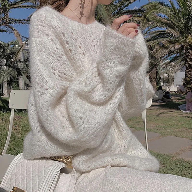 Mohair White Hollow-out Sweater for Women2024Spring New Lazy Wind Soft Glutinous Gentle Loose Outer Wear