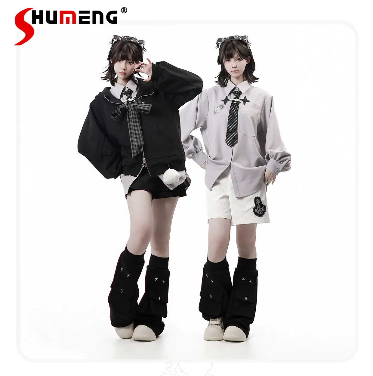 

2026 Spring New College Style Sweet Cool Fashion Y2K Shorts Set Student Hooded Jacket Long Sleeve Shirt Skirt Leg Warmer Set