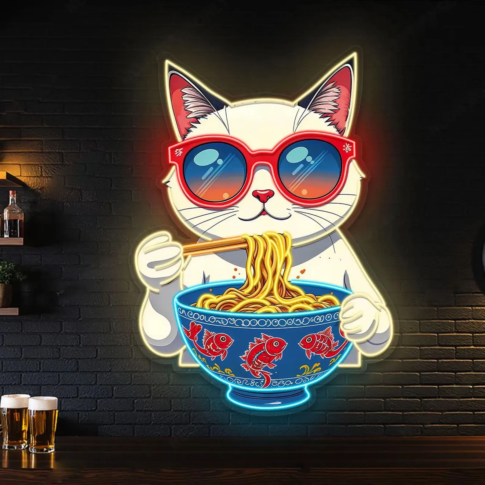 Letrero de neón con estampado Uv de cuenco de Ramen de gato, letrero de neón de Ramen de gato de gafas de sol, decoración de pared de cuenco de fideos de gato Kawaii, letrero de neón de tienda de Ramen