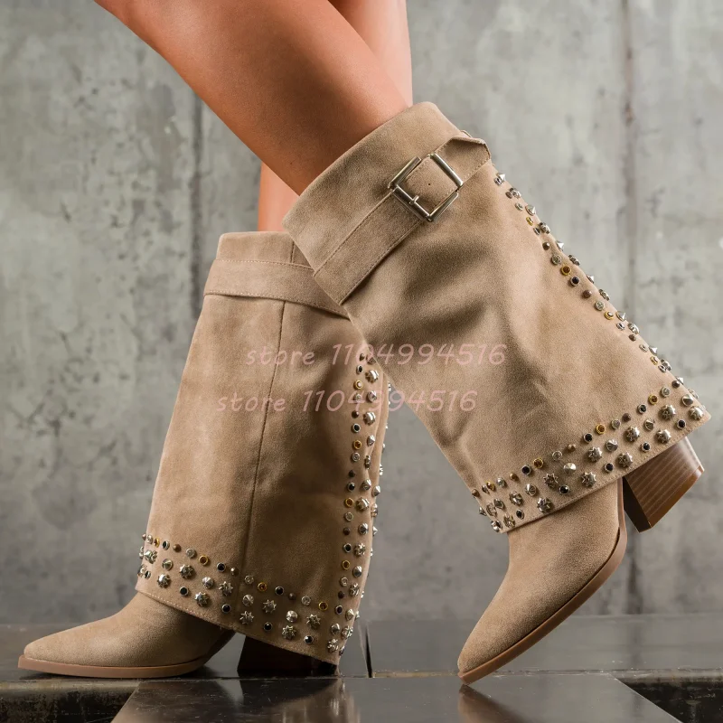 

Beige Rivet Pointed Suede Ankle Boots Women Black Buckle Strap Block Heel Western Boots 2025 Fashion Vintage Party Casual Shoes
