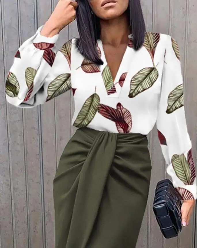 Two Piece Sets Womens Outifits 2023 Spring Fashion Leaf Print Long Sleeve V-Neck Top & Casual Midi Ruched Daily Skirt Set