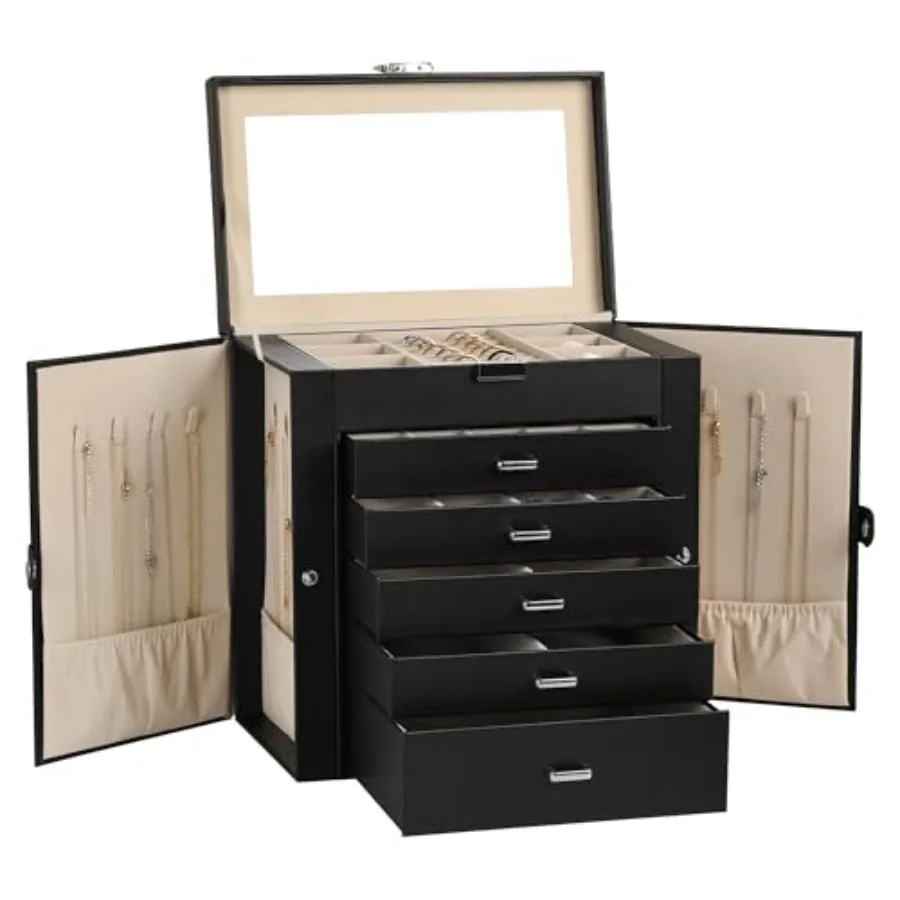 Jewelry Box, 6-Tier PU Leather Jewelry Organizer, Multi-functional Storage Case with Mirror, Accessories Holder with 5 Drawers