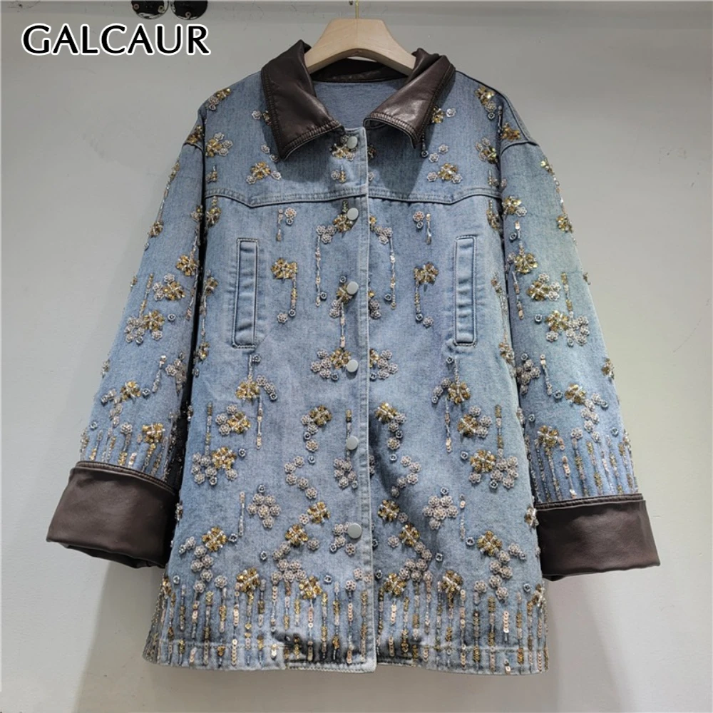 

GALCAUR синяя шикарная куртка с бисером, женская свободная куртка с лацканами и длинными рукавами, корейская уличная одежда, женские куртки, осенний модный стиль