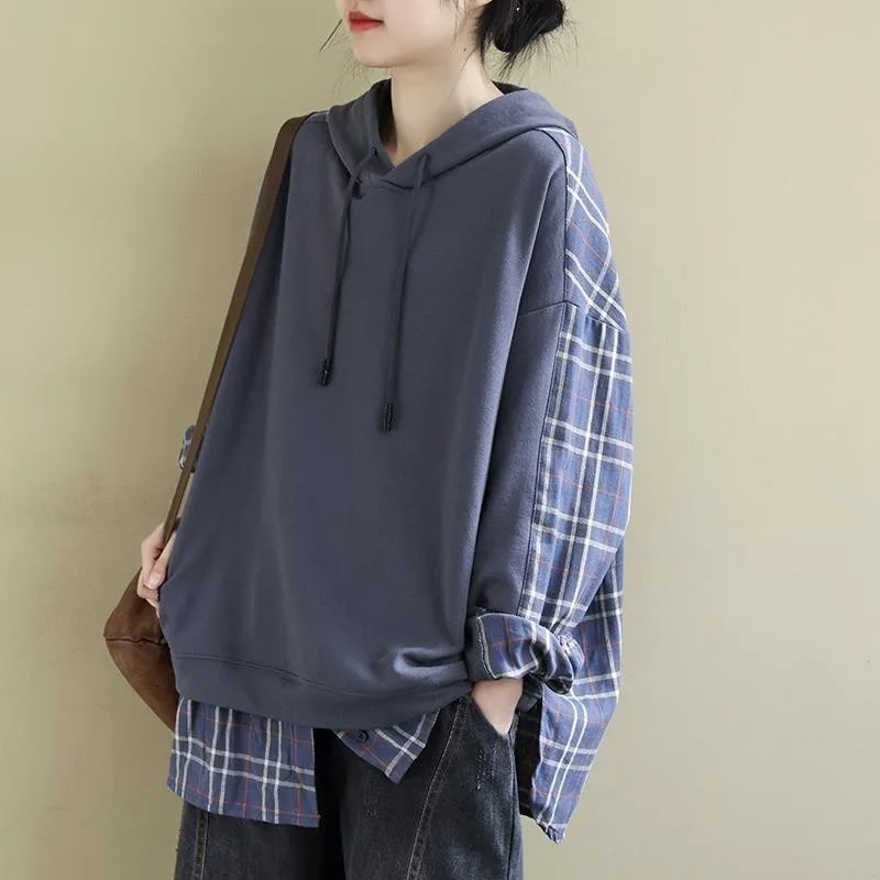 

Winter Fall Fashion Women's Casual Loose Plaided Patchwork Sweatshirt Female Comfortable Cotton Hoodie Girl Long Sleeve Pullover