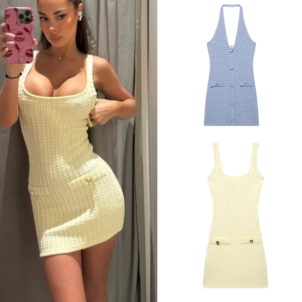 

Z 2025 Knitted Short Dresses for Women Bodycon Mini Dress Woman Backless Beach Dress Women Sleeveless Women's Summer Dress Butto