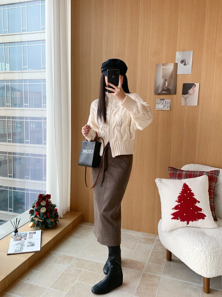 

Retro High Collar Knitted Sweater with Zipper And Suede Straight Leg Skirt for Women Winter Thi Long Sve ort Coat