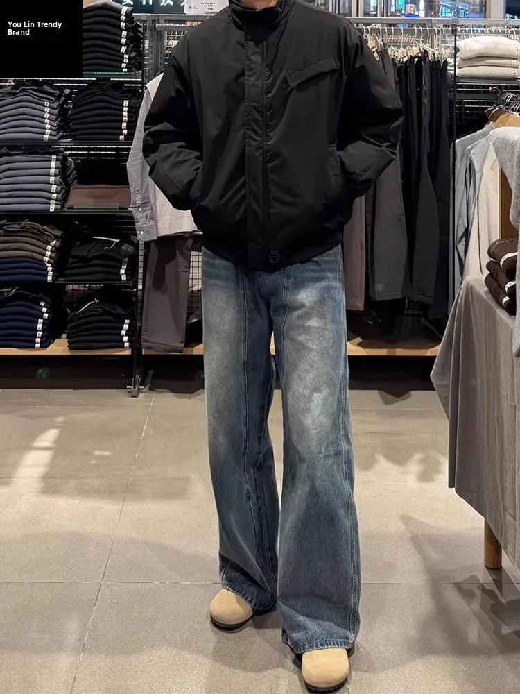 

Мужские джинсы прямого кроя в стиле ретро, синие, свободные, с широкими штанинами, удлиненные, повседневные, с высокой талией, из денима, молодежные, модные