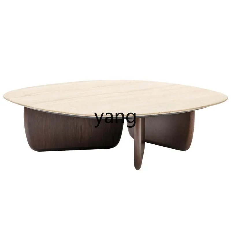 

lmm Natural Travertine Coffee Table Cream Style Solid Wood Living Room Home Round Coffee Table