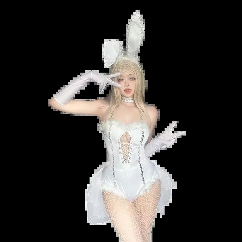 

Anime Maid Cosplay Costume Women Sexy White Bodysuit Headwear Gloves Suit Bunny Girl Cute Uniform Halloween Party Easter Costume