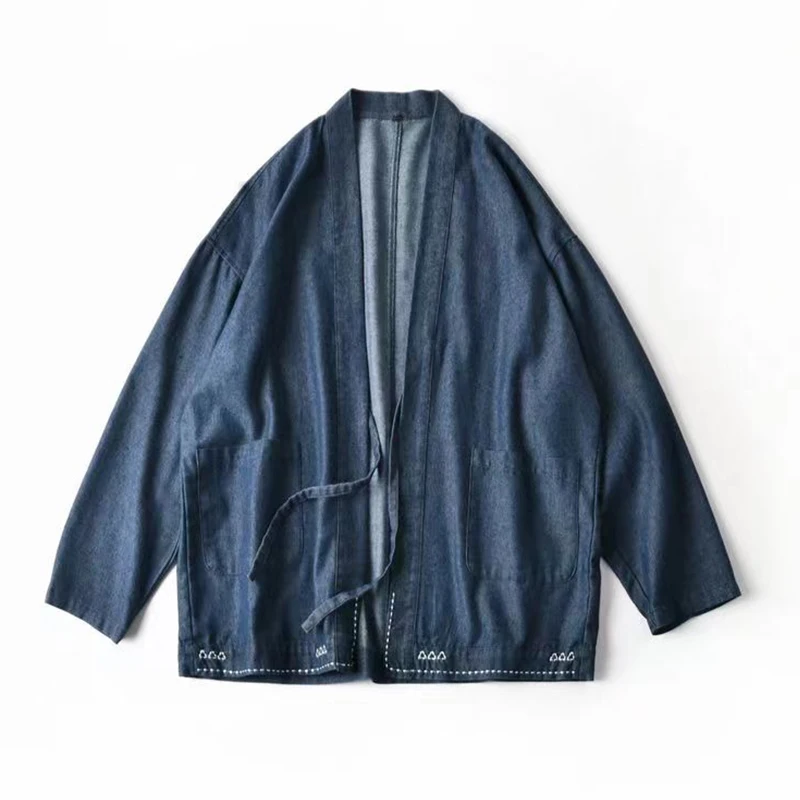 Bottom White Stitching Men Denim Kimono Jacket Stand Collar Japan Style Open Placket Cotton Haori Long Sleeves