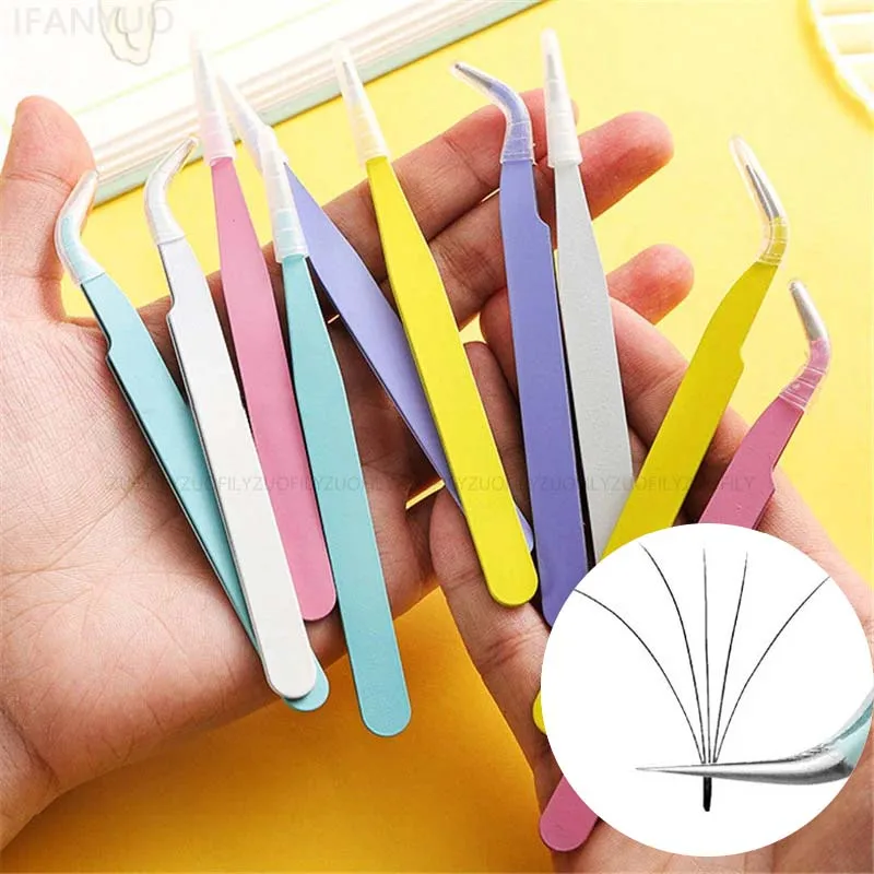 Stainless Steel Straight Curved Tweezer Colorful Pink Purple Blue DIY Eyelash Tweezers Nail Art Sticker Rhinestones Picking Tool