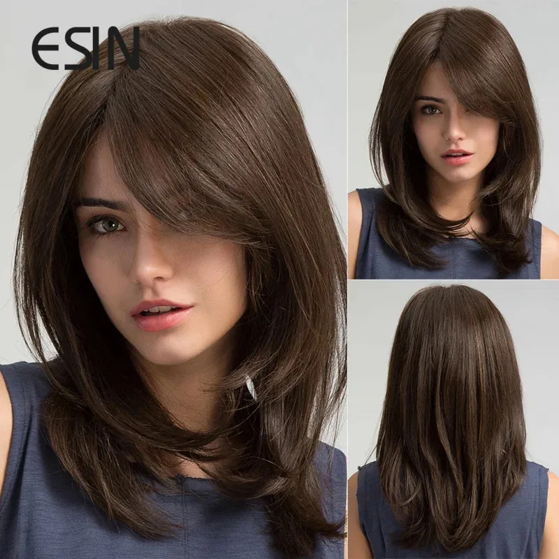 

ESIN Synthetic Dark Brown Wig Long Wave Wigs for Women Hair Wig With Bangs Heat Resistant Party Daily Natural Use