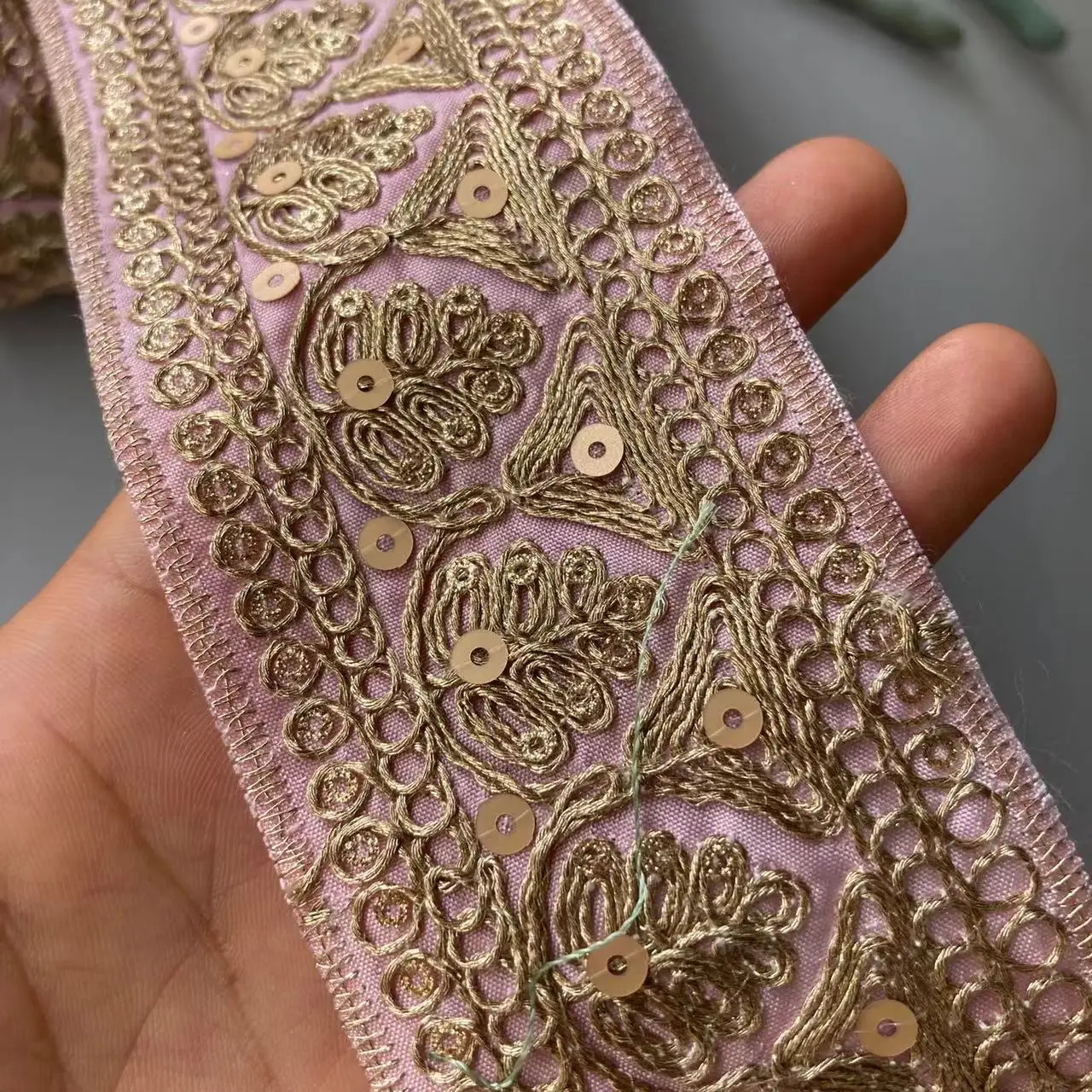 1 Yard Pink Gold Thread Lace Fabric Trim Ethnic Style Clothing Sequins Embroidered For Curtain Shoes Jacquard Ribbon Accessories