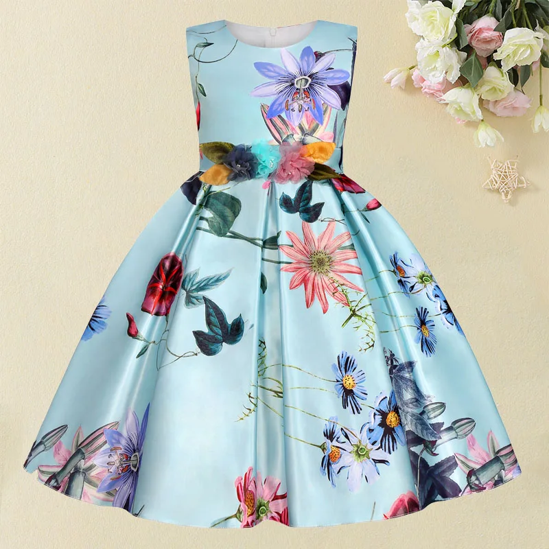 Elegant Vintage Princess Dress Girls Printed Kids Birthday Party Evening  Dresses Sleeveless Children Spring Summer Clothes