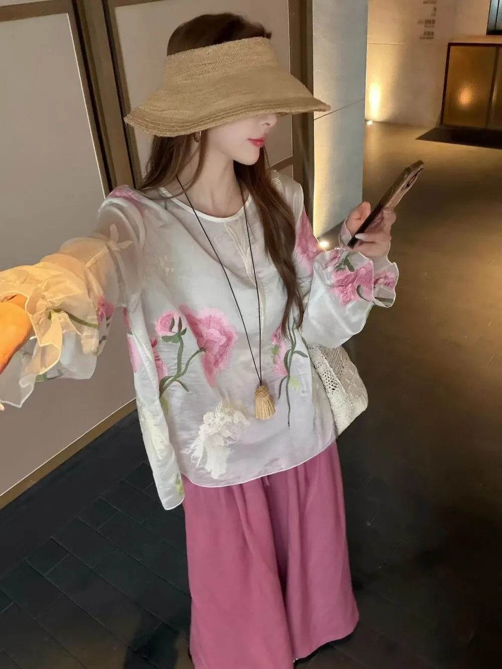 

Fashionable Embroidered Loose Long Sleeve Shirt High Waist Wide Leg Pants Two Piece Set Summer Casual Women's Clothing