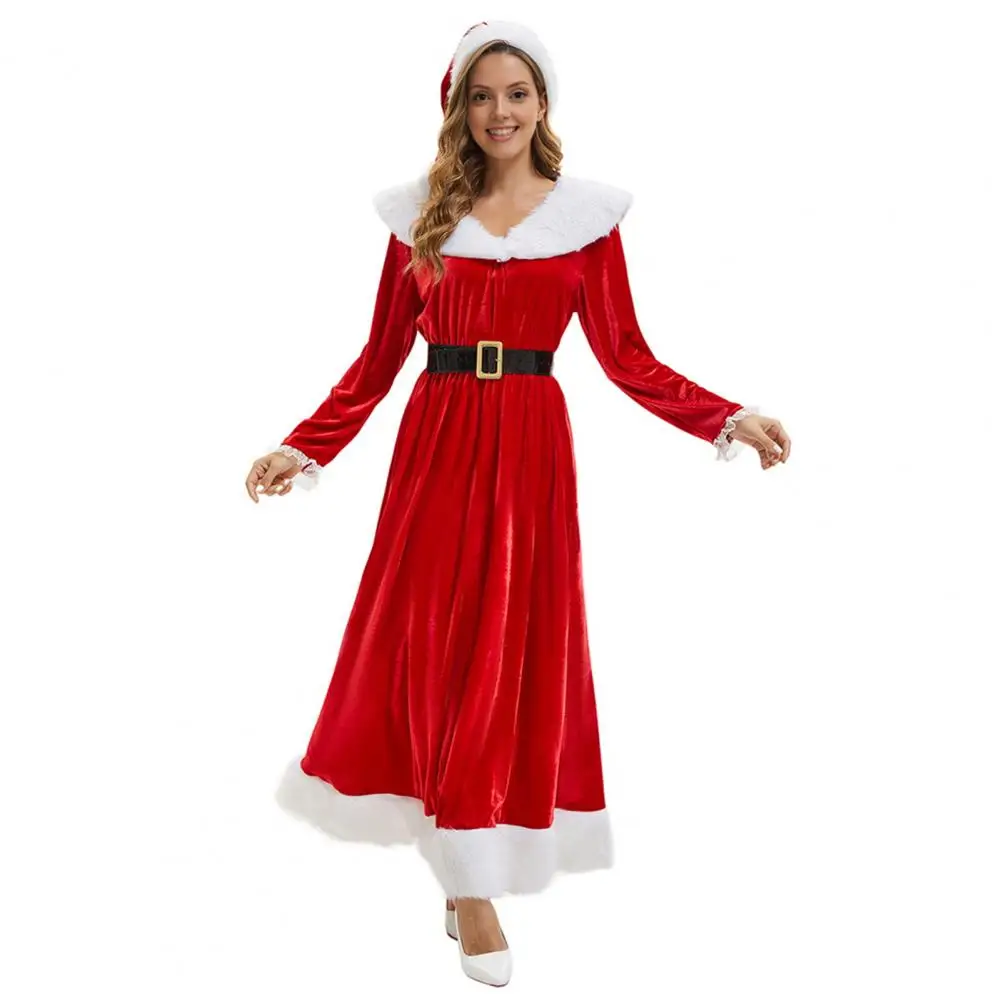 

Mrs. Claus Costume Christmas Red Velvet Dress for Women Long Sleeve V Neck Cosplay Outfit with Santa Hat And Belt