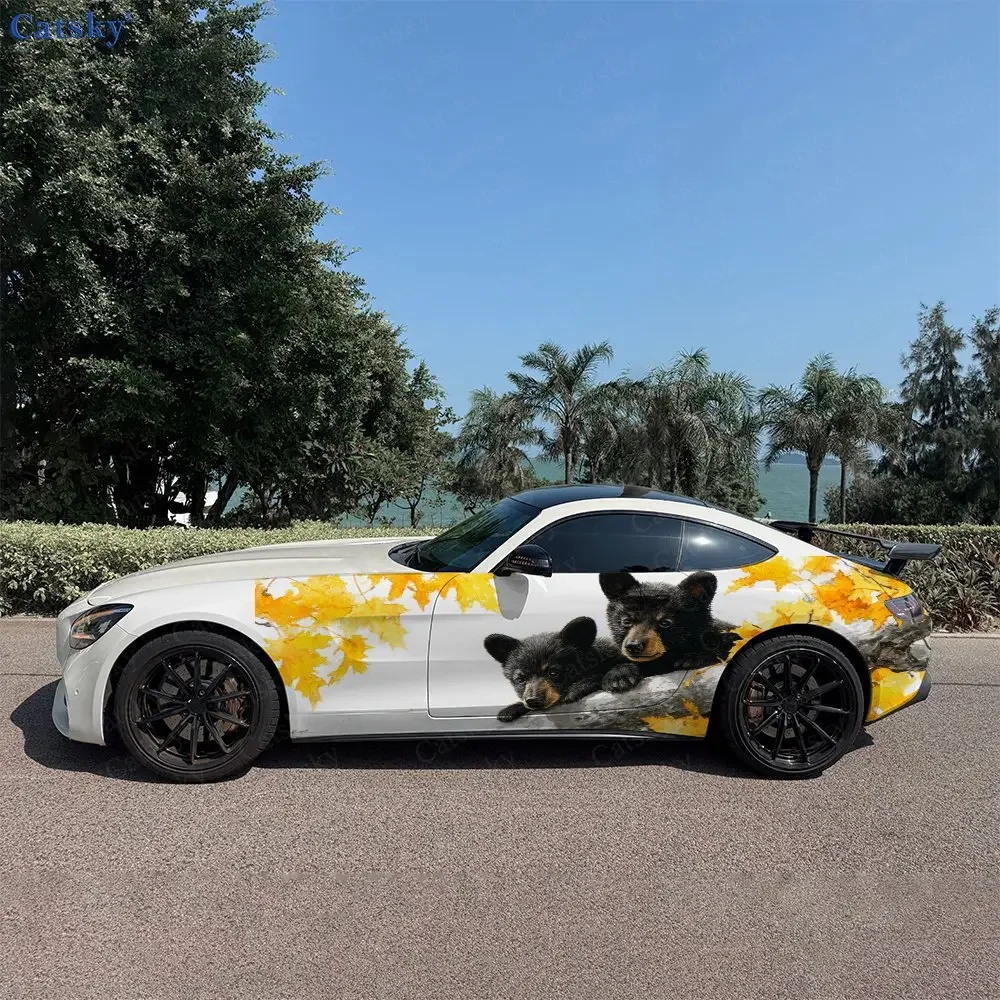 2pcs Autumn Maple Leaf Twin Bear Car Side Wraps, Self-Adhesive PVC Waterproof & Scratch-Resistant Stickers, Car Accessory Gift