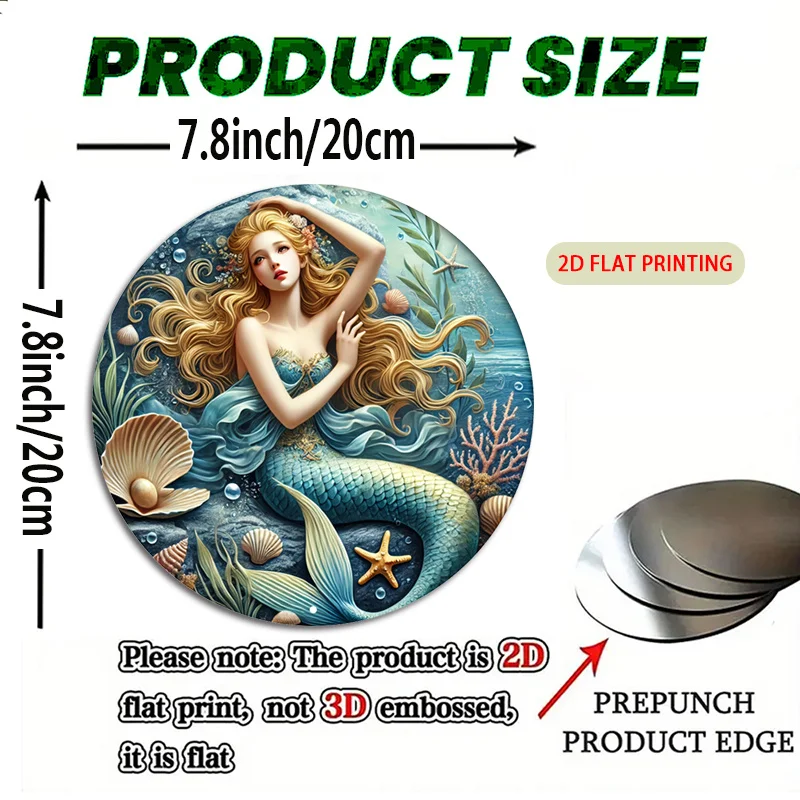 2D Flat 1pc Mermaid Sign, Ocean Theme 20X20Cm Plaque, Underwater Perfect for Home, Office, Cafe Or Garage Metal Decoration, Idea