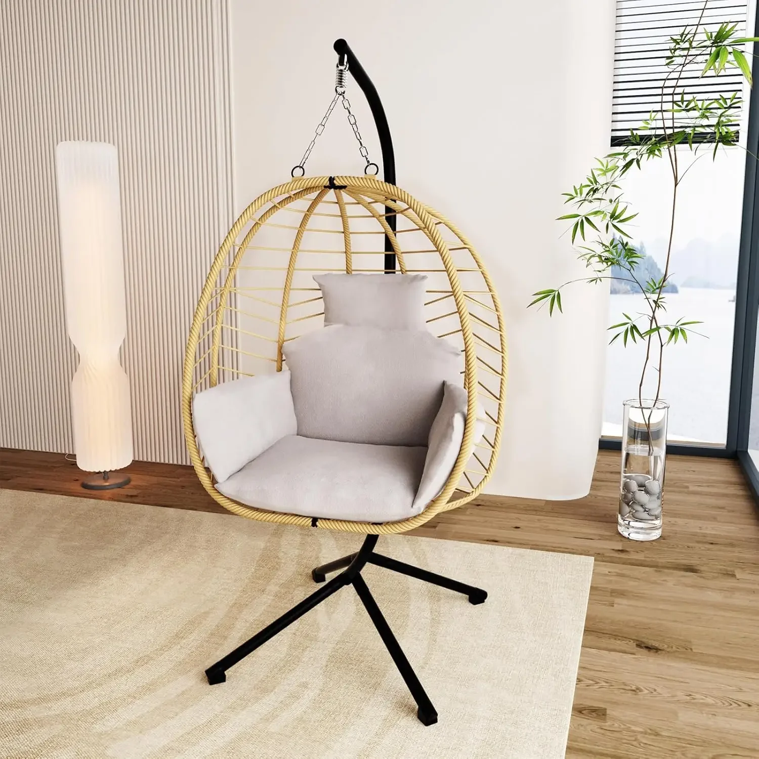 Silla colgante de mimbre con soporte, hamaca de Patio, columpio, cesta de mimbre, altura ajustable, resistente a los rayos UV para interiores y exteriores