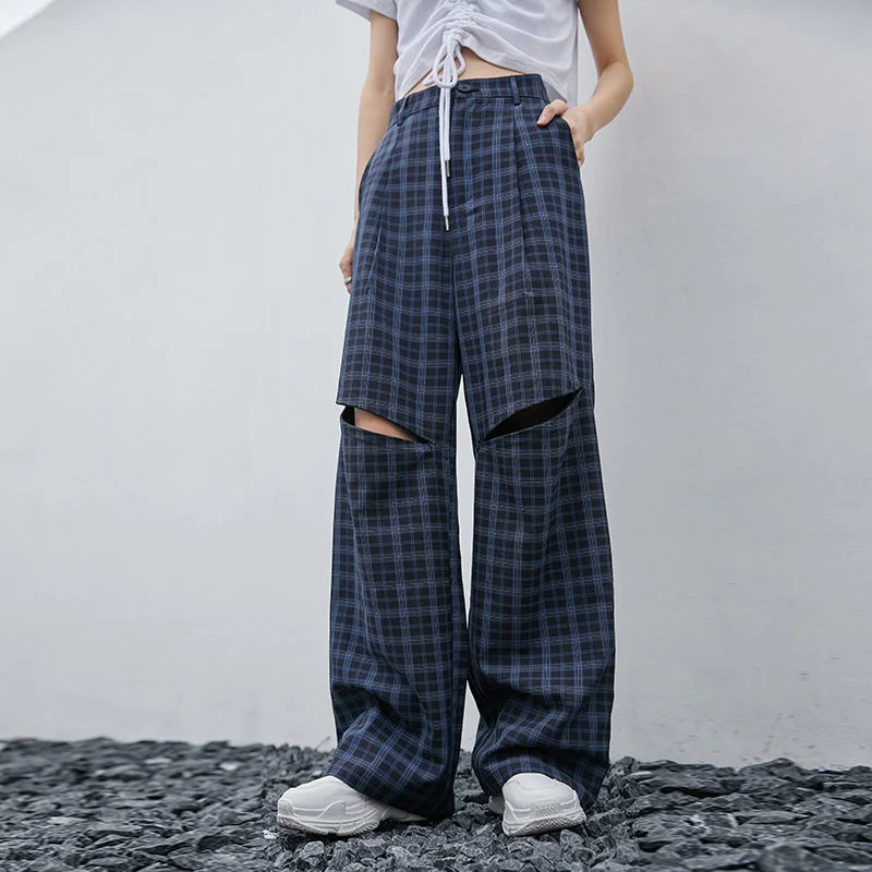 Women Plaid Pants Casual Loose Ripped Hole Wide Leg Trousers Retro Teens Harajuku Hip-hop All-match Streetwear Baggy Pants