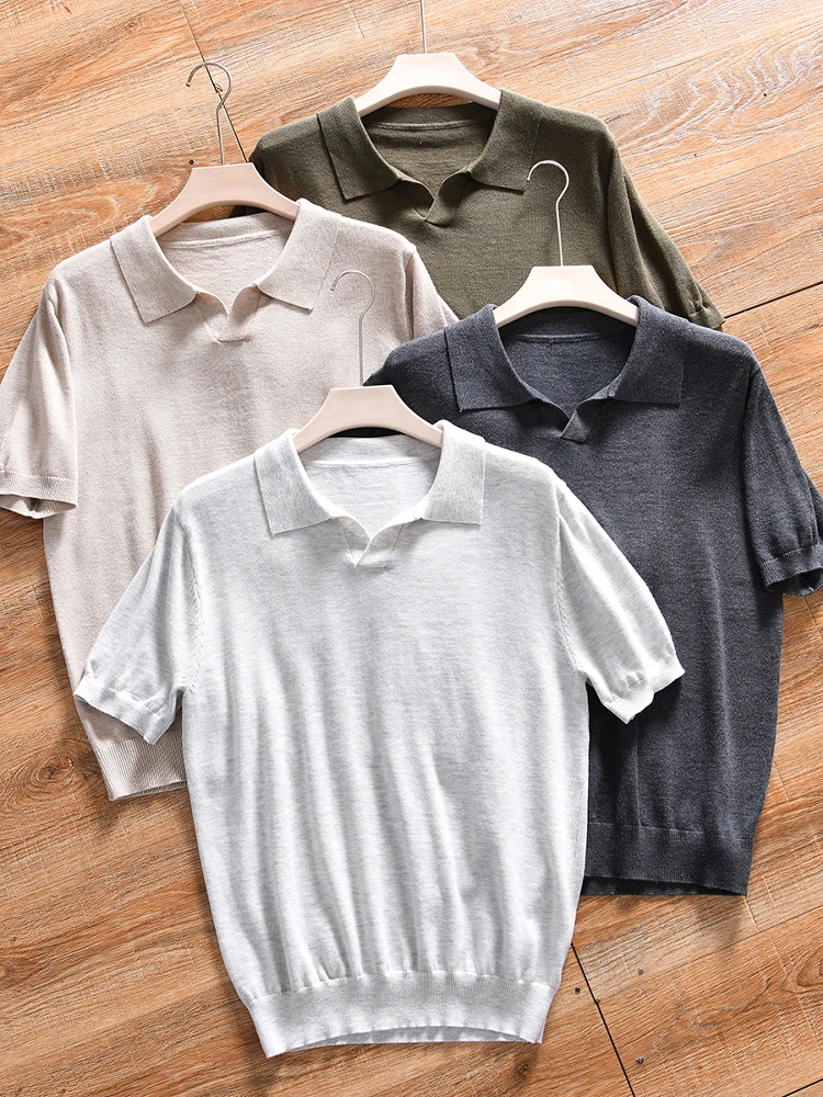 

Italian High-End 100 Wool Men's Summer Fashionable Knitted Short Sleeve Shirt Versatile Stylish City-Style Thin Material