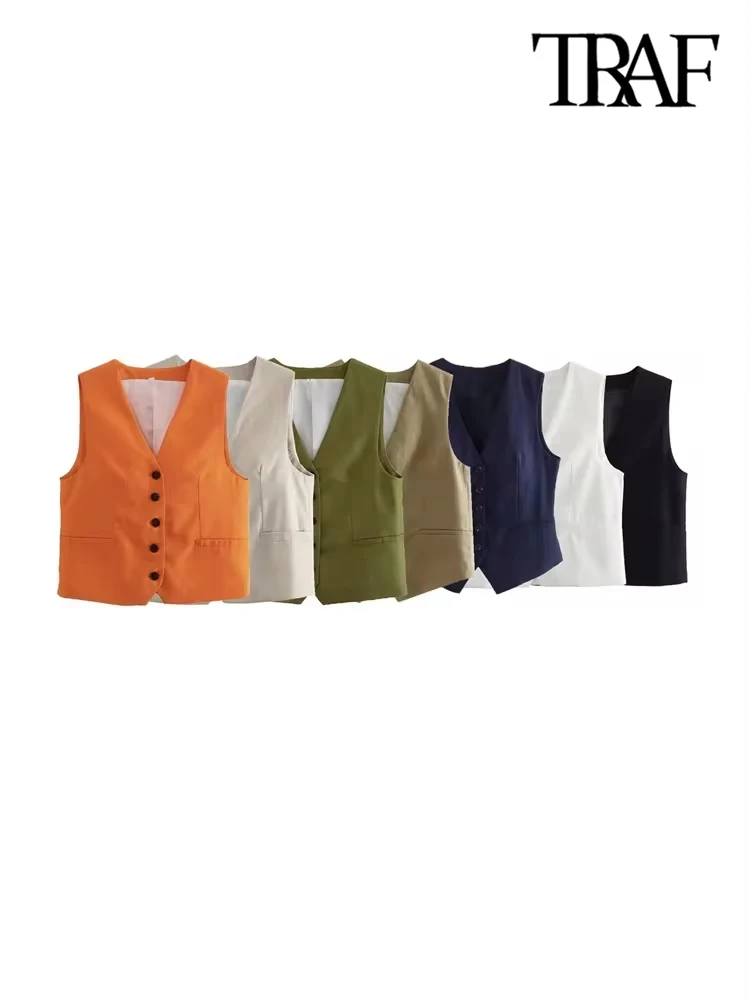 TRAF Women Fashion Front Button Linen Blend Waistcoat Vintage V Neck Sleeveless Female Outerwear Chic Vest Tops