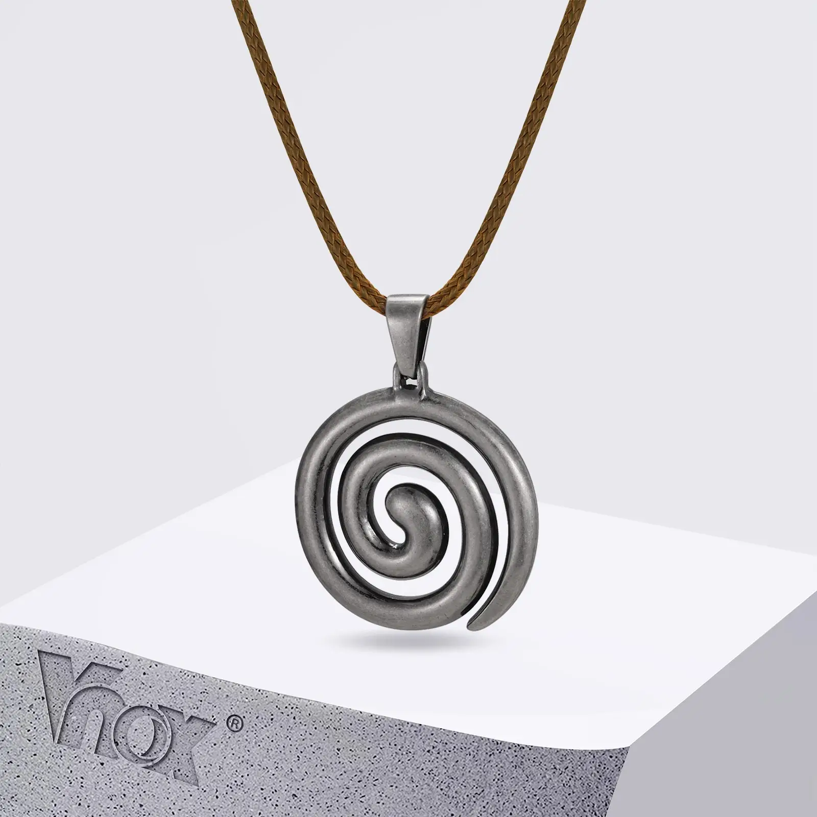 Vnox Men's Spiral Vortex Pendant Necklace, Stainless Steel Pendant with Adjustable Brown Waxed Cord, Trendy Jewelry Gift for Him