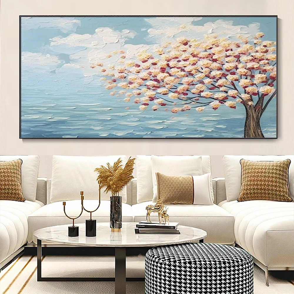 Hand Painted Oil Painting Thick Cloud Sky Decor Oil Painting Blue Background Ocean Wave Texture Wall Art Floral Plant Tree Decor