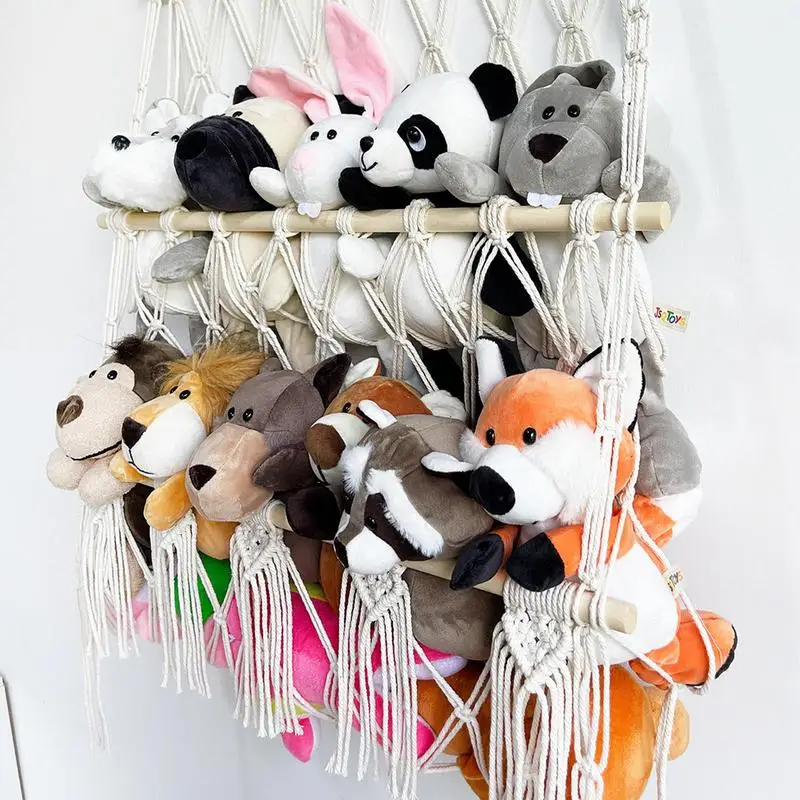 Stuffed Animal Net Hammock Double Layer Woven Toy Net with Tassels Corner Hanging Mesh Children\'s Plush Toy Storage Net Bag