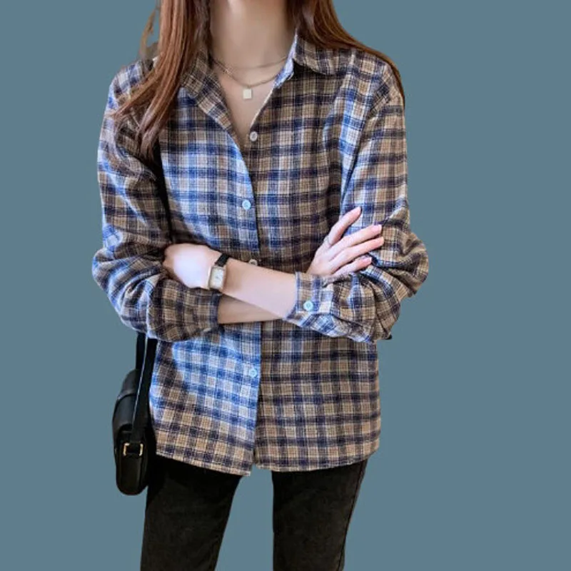 Vintage Alle-spiel Plaid Shirt für Weibliche 2022 Frühling Kleidung der Frauen Koreanische Einfache drehen-unten Collarlong Hülse casual Blusen