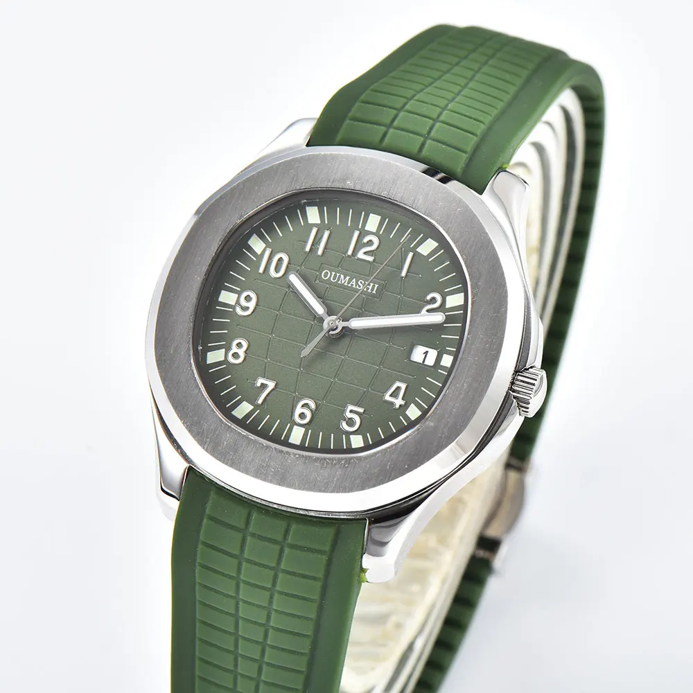 Relógio masculino prateado 42mm, movimento nh35, relógio mecânico automático, vidro de safira, pulseira de borracha, relógio à prova d'água para homens de negócios