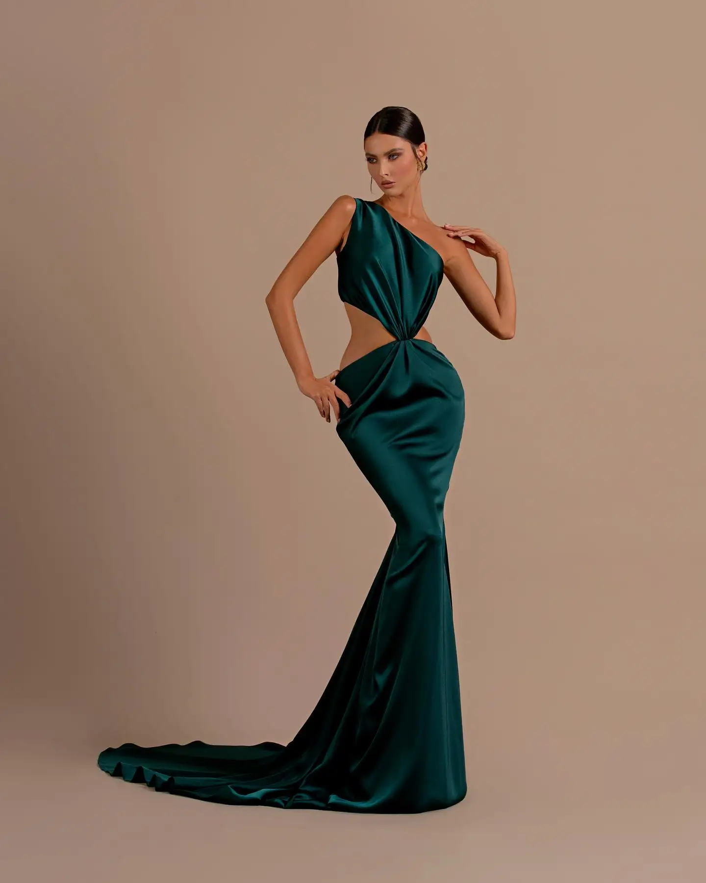 

Customized Delicate Satin Mermaid One Shoulder Evening Dresses Sexy Sleeveless Celebrity Gowns Custom Size Cocktail Dress