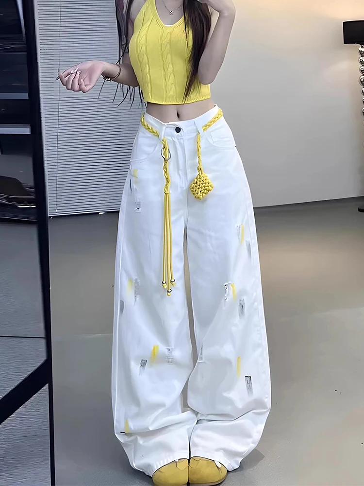 Y2K Nieuwe Losse Slanke Vrouwen Jeans Amerikaanse Mode Straat Gescheurde Vrouw Jeans Witte Hoge Taille Chique Rechte Pijpen Broek Vrouwelijke