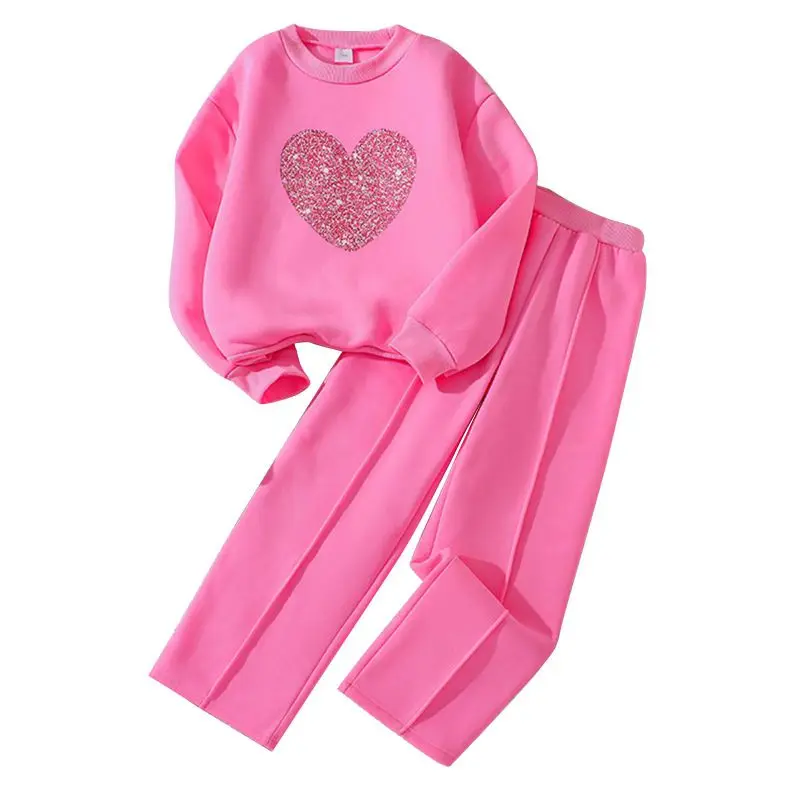 

9-12 Years Children Girls Sport Set Kids Love Pritned O Neck Hoody with Casual Pants High Elastic Waist Trousers