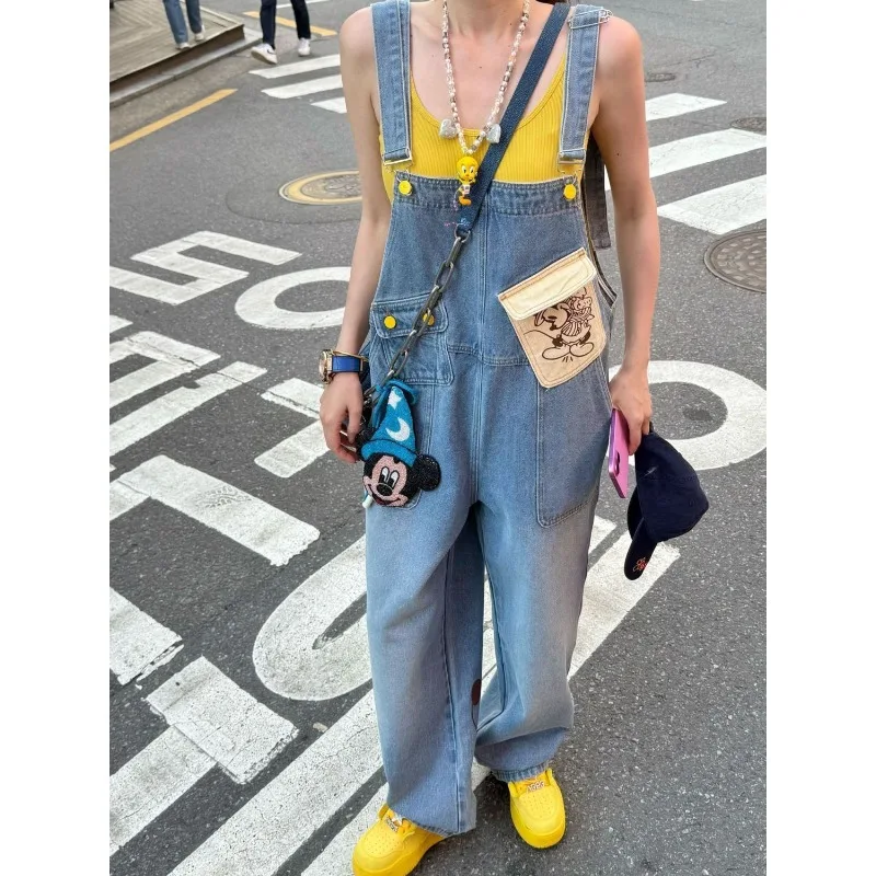 

ed hardy 명품옷 카피 Disney 청바지 American Vintage Washed Loose Denim Overalls, Mickey Print, Summer New Wide Leg Jumpsuit for Women