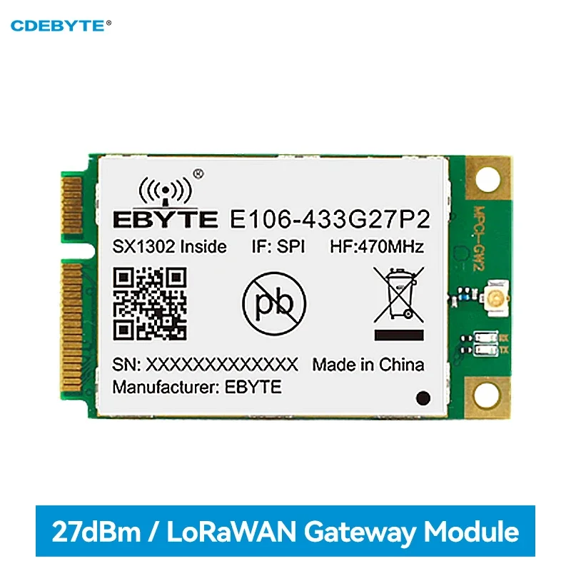 

SX1302 Модуль шлюза LoRaWan 433 МГц CDEBYTE E106-433G27P2 Интерфейс PCI-e 27 дБм Модуль SPI IPX 5 км SMD с низким энергопотреблением