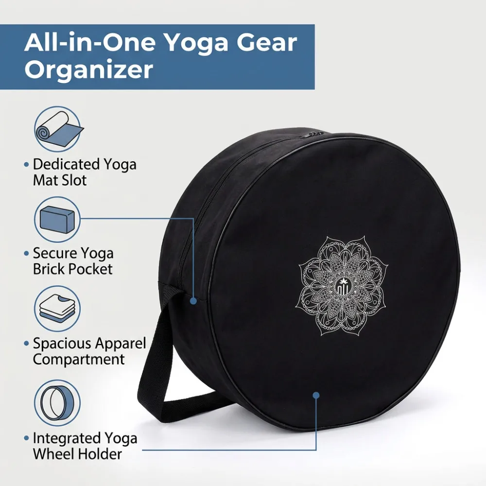 Yoga Wheel Bag Nylon Black Mandala Flower Yoga Circle Bag Large Capacity Double Zipper Pilates Wheel Backpack Fitness Sport Bag