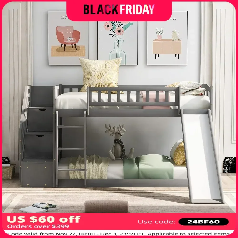 Bunk Bed ,with 2 Drawers, Stairway,Slide and Ladder - Bunks Beds for Family, Teens, No Box Spring Needed,Wood Bunk Bed Frame