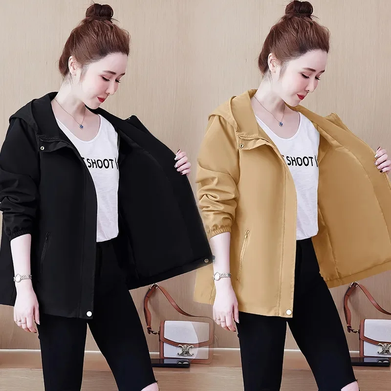 

Hooded Windbreaker Woman Lined Spring Autumn Jacket Large Size 2023New Coat Korean Joker Outerwear Loose Tooling Overcoat Ladies