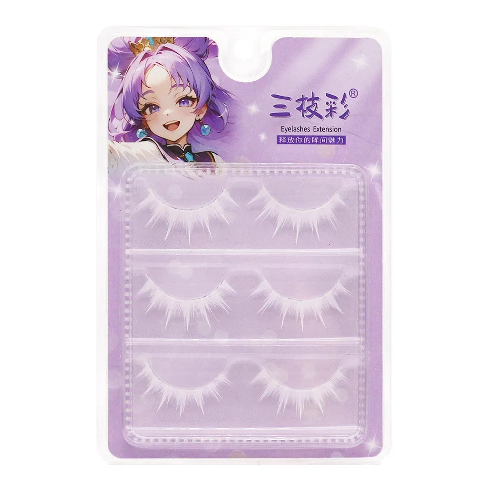 3 Pairs Fluffy Lace White Eyelashes 3D Natural Colored Artificial Vegan Silk Eye Lashes For Cosplay Halloween Makeup Party