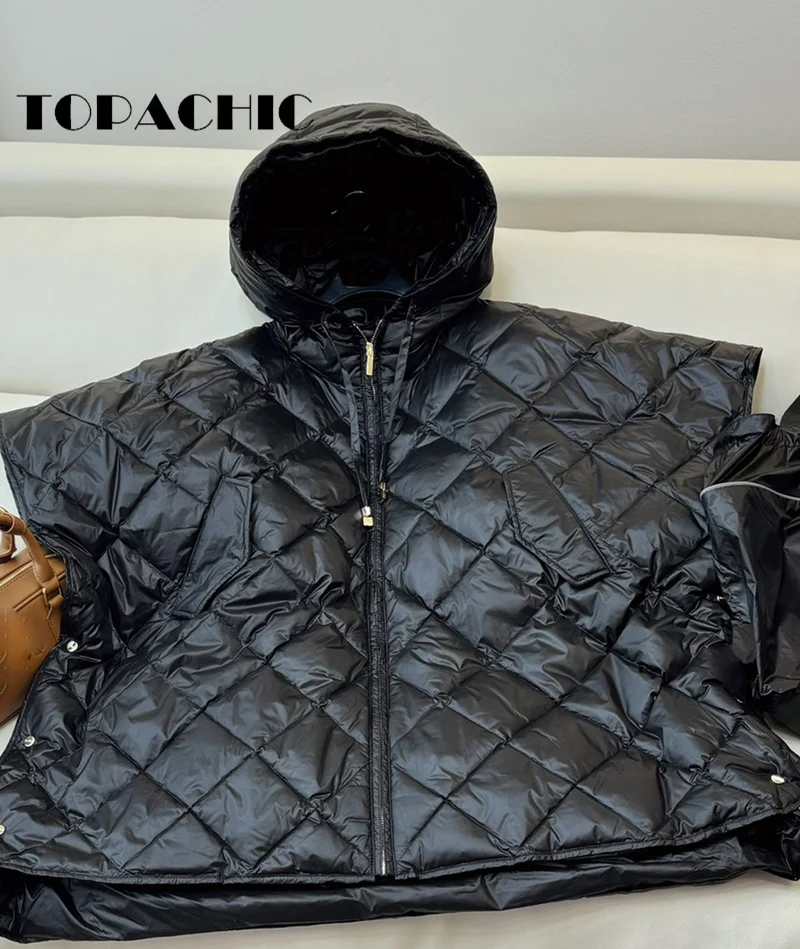 8.29 TOPACHIC-Women Chic Quilted Argyle Plaid White Goose Down Capes Jacket All-matches Hooded  Loose Zipper Down Vest Coat