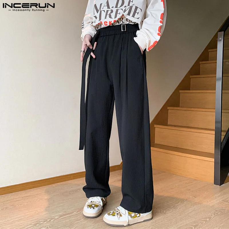 

INCERUN 2024 Korean Style Trousers Men's Pleated Striped Loose Pants Casual Streetwear Solid Drape Straight Leg Pantalons S-5XL