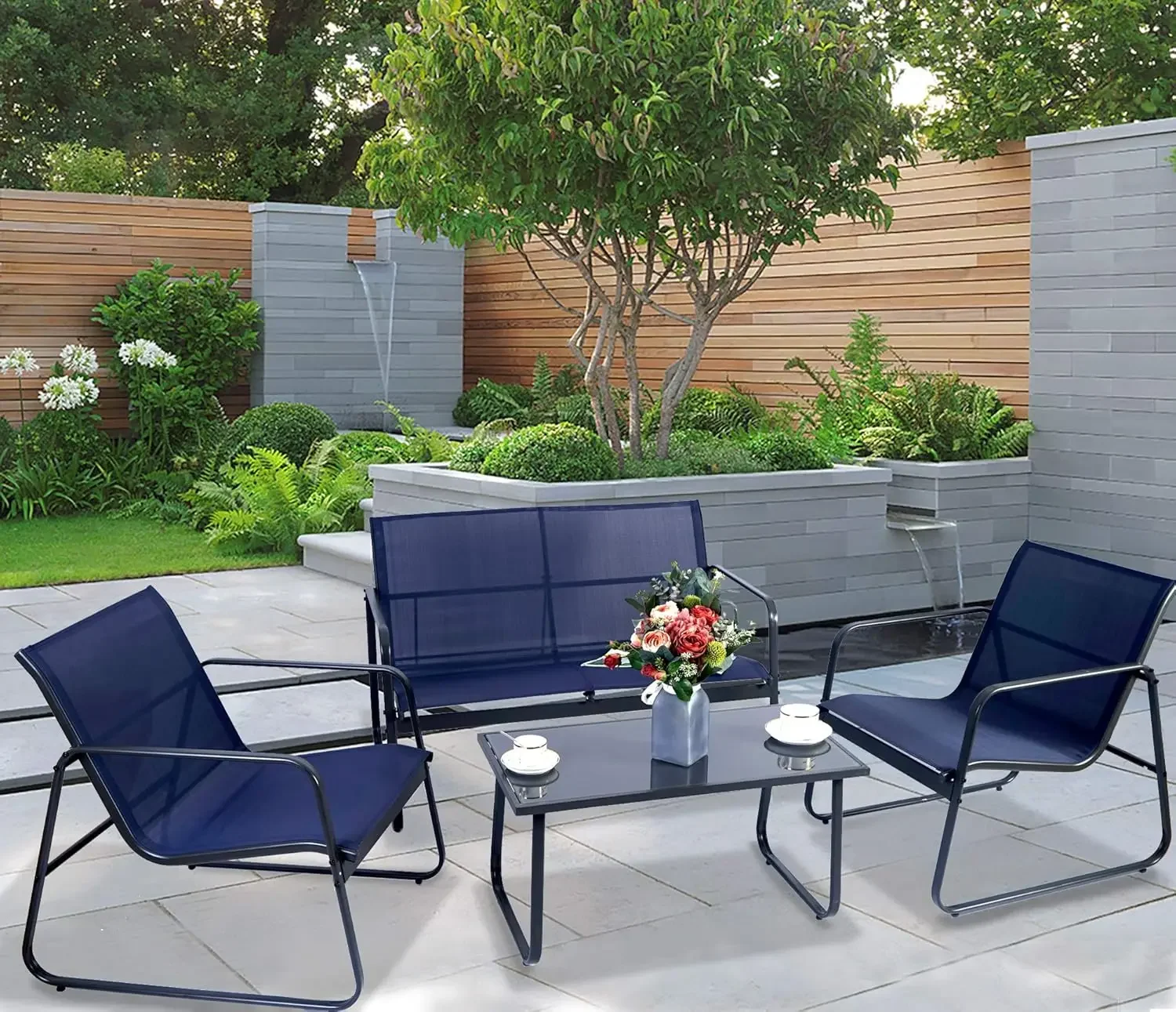 4-Piece Patio Outdoor Furniture Set with Strong Powder Coated Metal Frame One Love Seat 2 Single Chairs and one Table