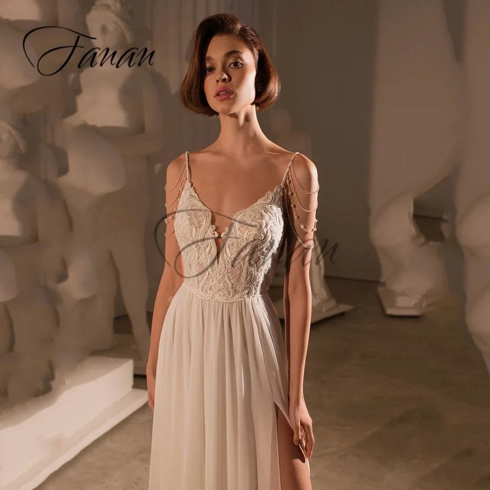 Customized Sexy Deep V-Neck A-Line Front High Split Wedding Dress Spaghetti Straps Beading Chiffon Lace Backless Prom Gown vesti