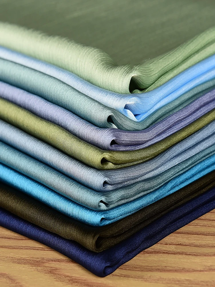 Blue Green Satin Crepe Fabric for Sewing Dresses Clothes Spring and Summer Thin Wrinkle Chiffon Solid Color by Half Meter