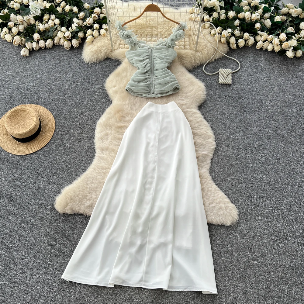 أنيقة خمر الساتان ثلاثي الأبعاد أنيقة عالية الخصر الكورية أزياء فيستدوس قطعتين مجموعة الملابس النسائية