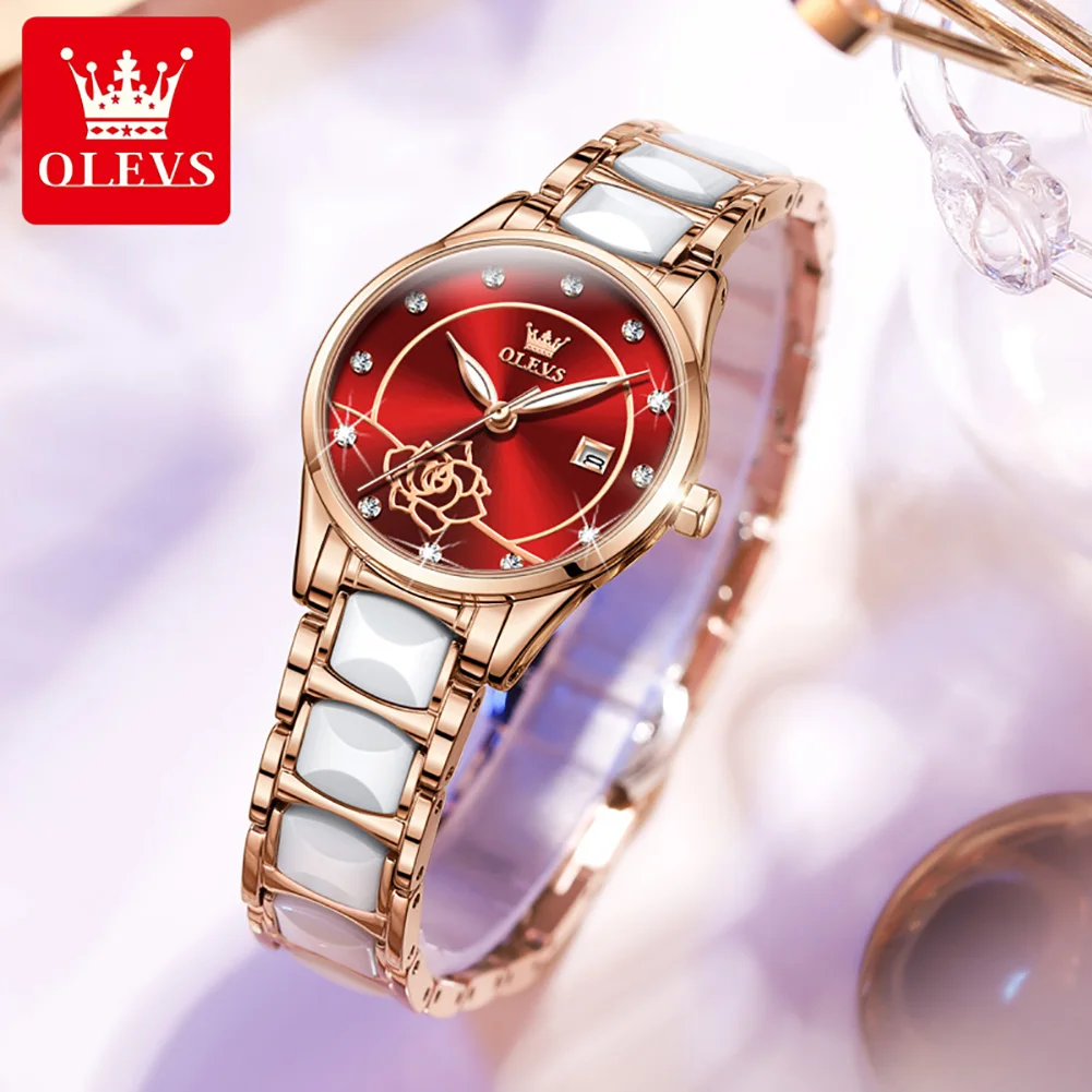 OLEVS 3606 Ladies Watch Luxury Quartz Wristwatch Ceramic Strap Camellia Dial Waterproof  Ladies Date Watch Set Original Reloj