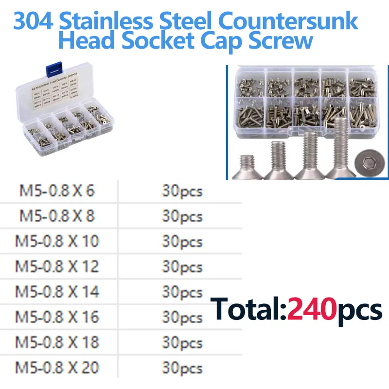 Metric M5 Hex Socket Countersunk Flat Head Screws, Stainless Steel Allen Machine Bolts Assortment Kit Hardware Accessories240PCS